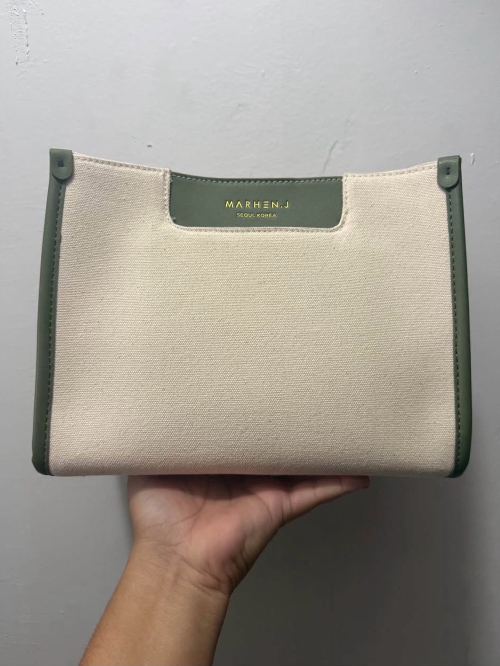 Cream & Olive Canvas Tote Bag